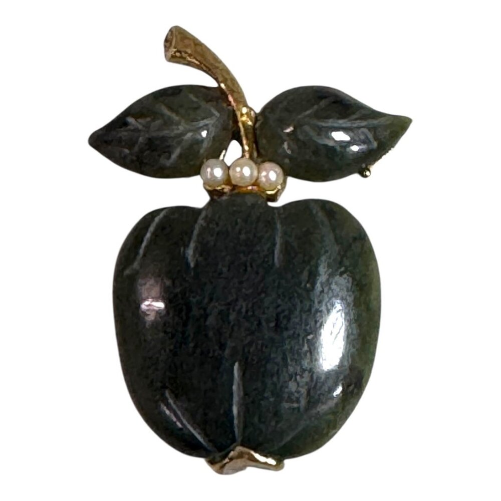 Vintage Swaboda Jade Apple Brooch Intricate Carving Faux Pearls Pin Green Gold